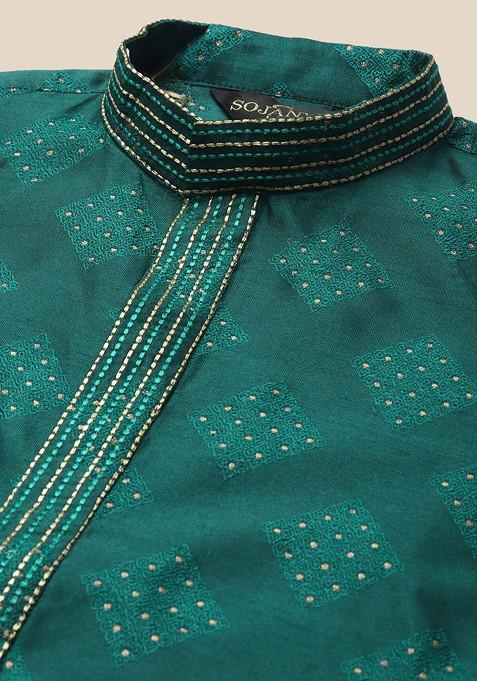 Green Woven Poly Blend Kurta Set For Men