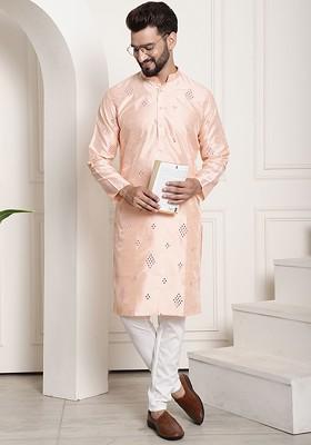 Peach Mirror Work Poly Blend Kurta Set For Men