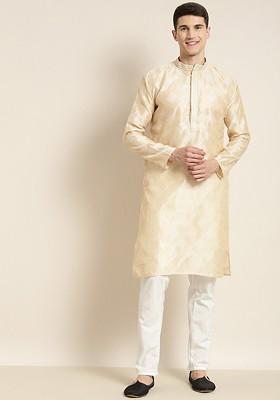 Cream Woven Poly Blend Kurta Set For Men