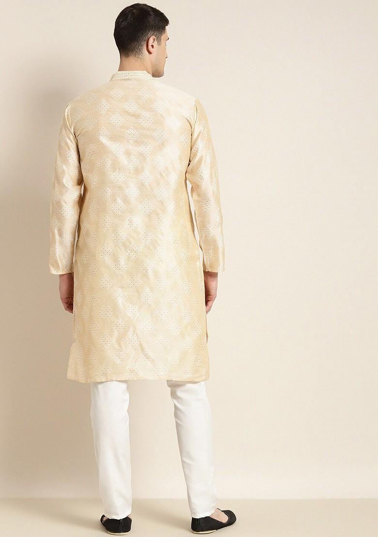 Cream Woven Poly Blend Kurta Set For Men
