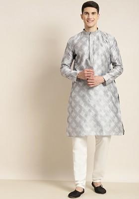 Grey Woven Silk Kurta Set For Men