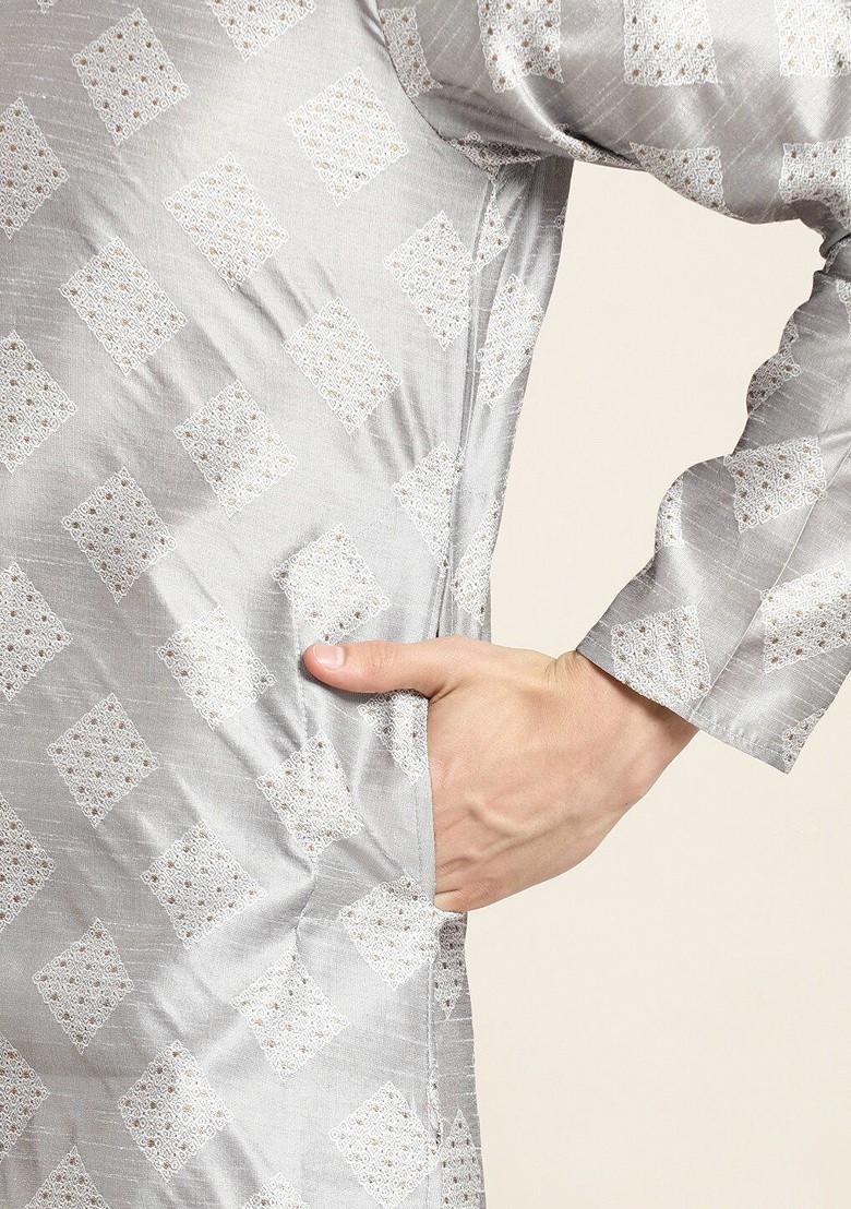 Grey Woven Silk Kurta Set For Men