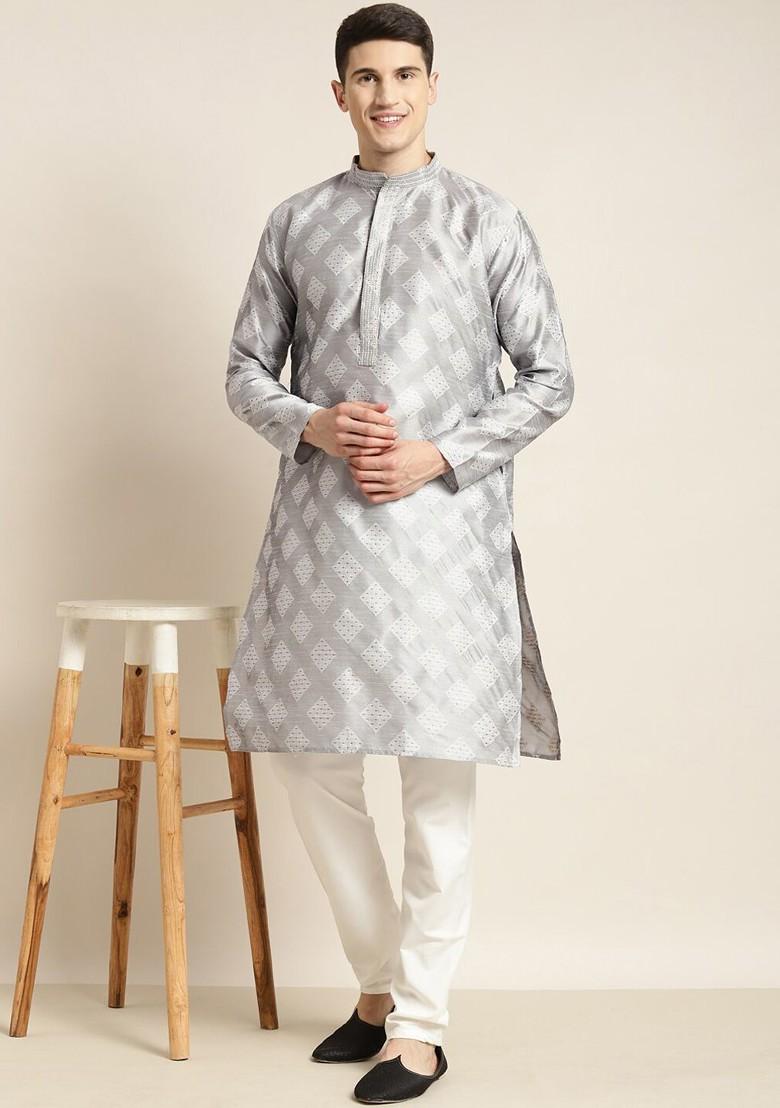 Grey Woven Silk Kurta Set For Men