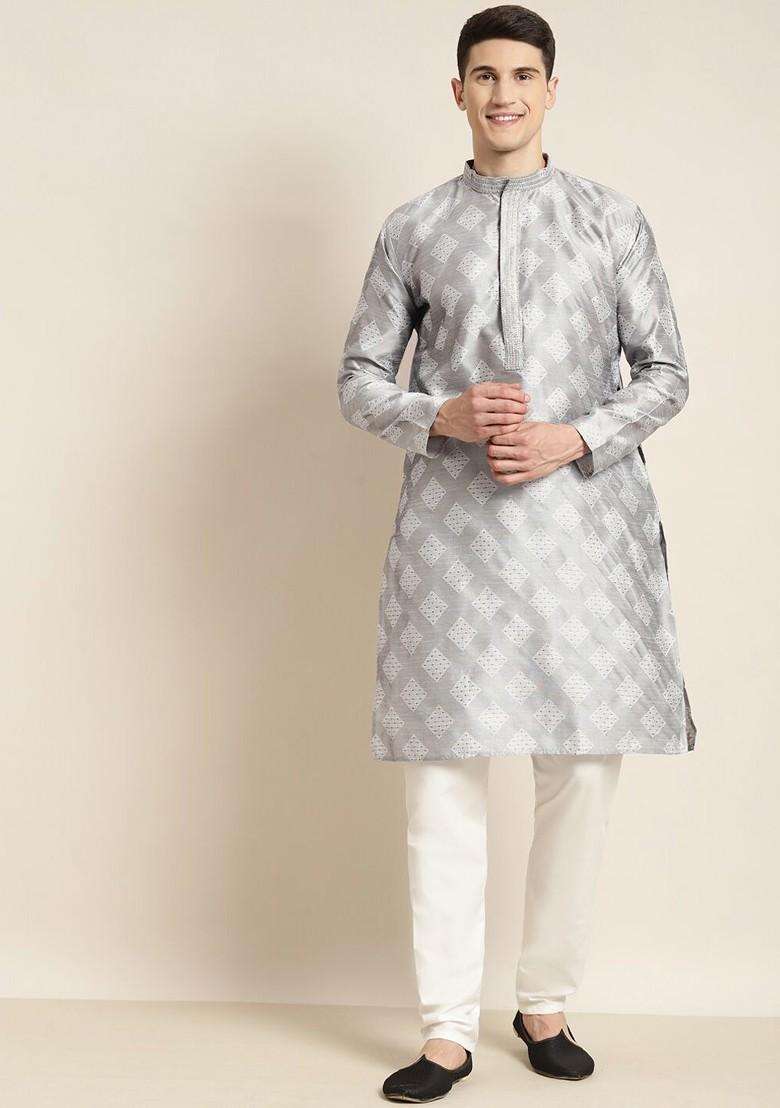 Grey Woven Silk Kurta Set For Men