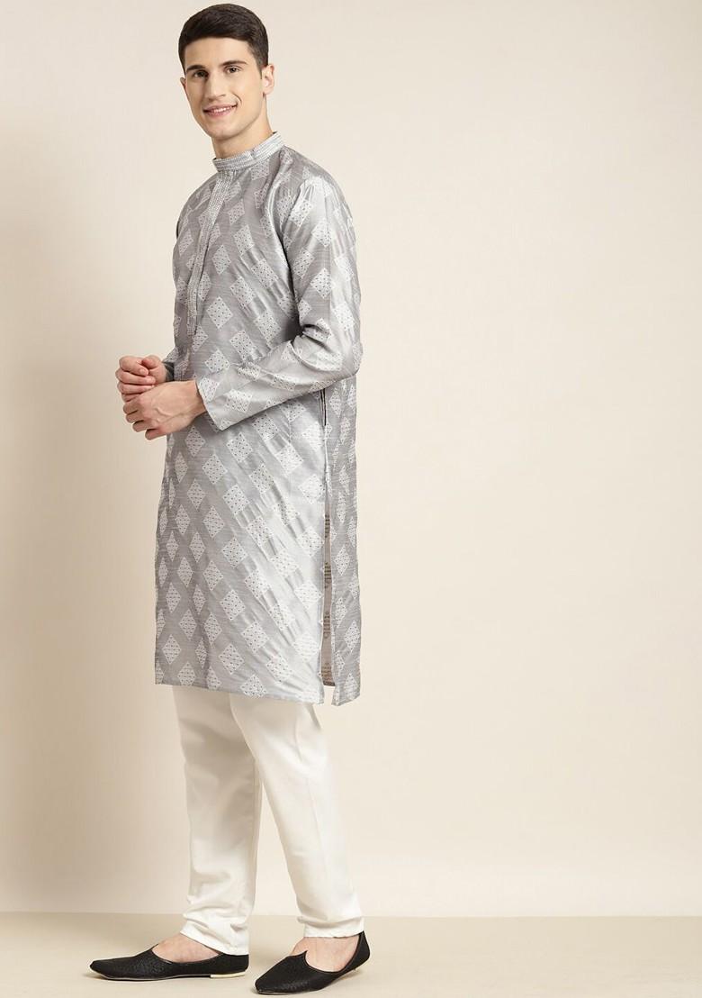 Grey Woven Silk Kurta Set For Men