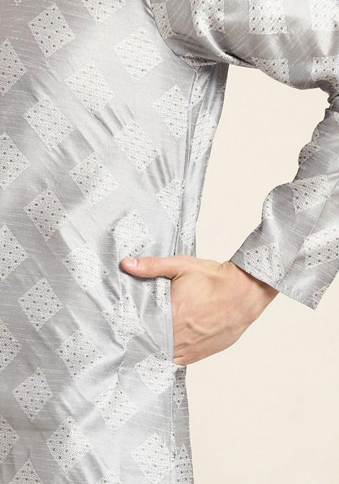 Grey Woven Silk Kurta Set For Men
