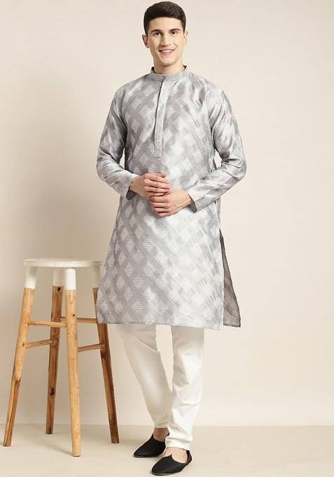 Grey Woven Silk Kurta Set For Men