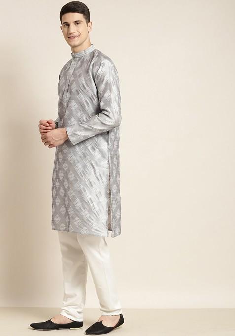 Grey Woven Silk Kurta Set For Men