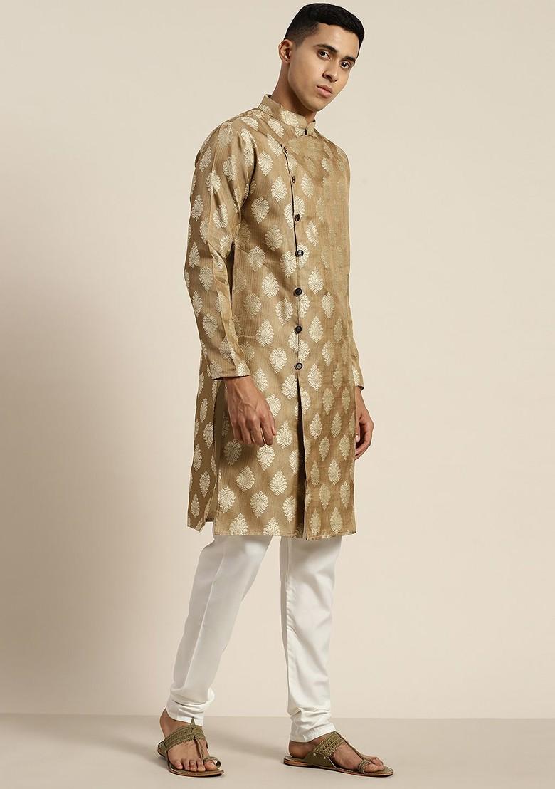 Brown Ethnic Motifs Poly Blend Kurta Set For Men