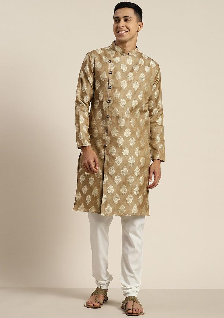 Brown Ethnic Motifs Poly Blend Kurta Set For Men