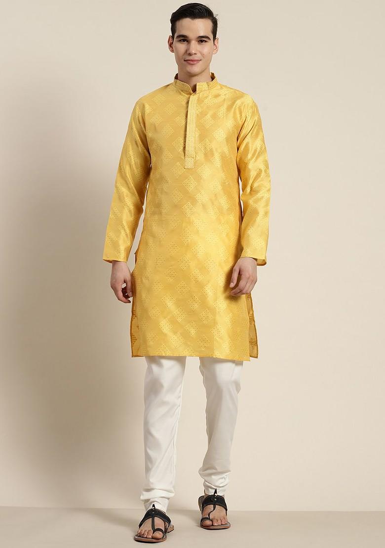 Yellow Woven Poly Blend Kurta Set For Men