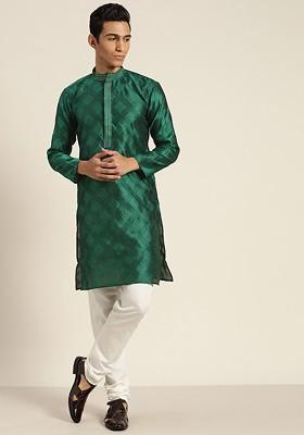 Green Woven Poly Blend Kurta Set For Men