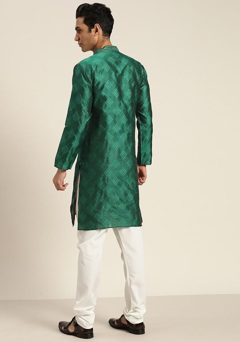 Green Woven Poly Blend Kurta Set For Men