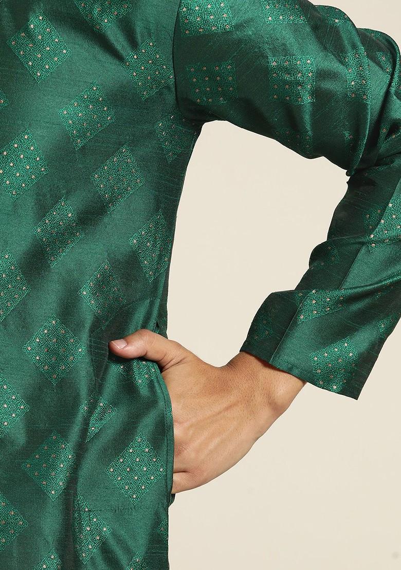 Green Woven Poly Blend Kurta Set For Men