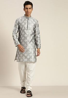 Grey Woven Poly Blend Kurta Set For Men