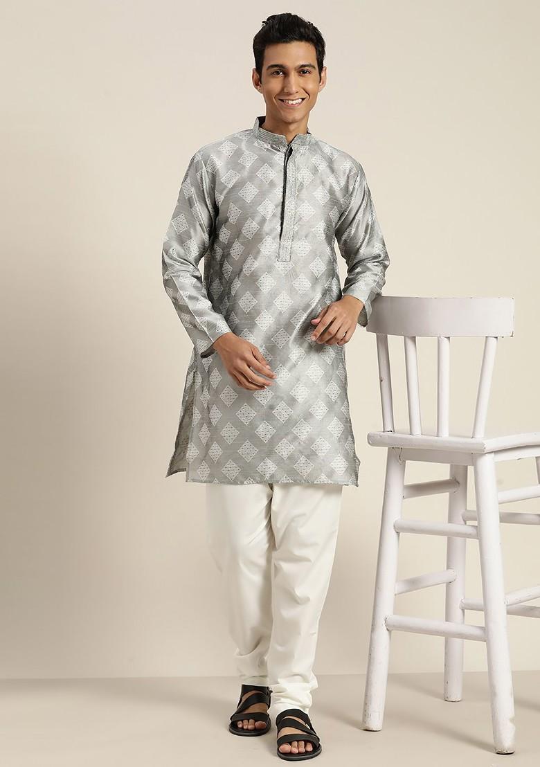 Grey Woven Poly Blend Kurta Set For Men