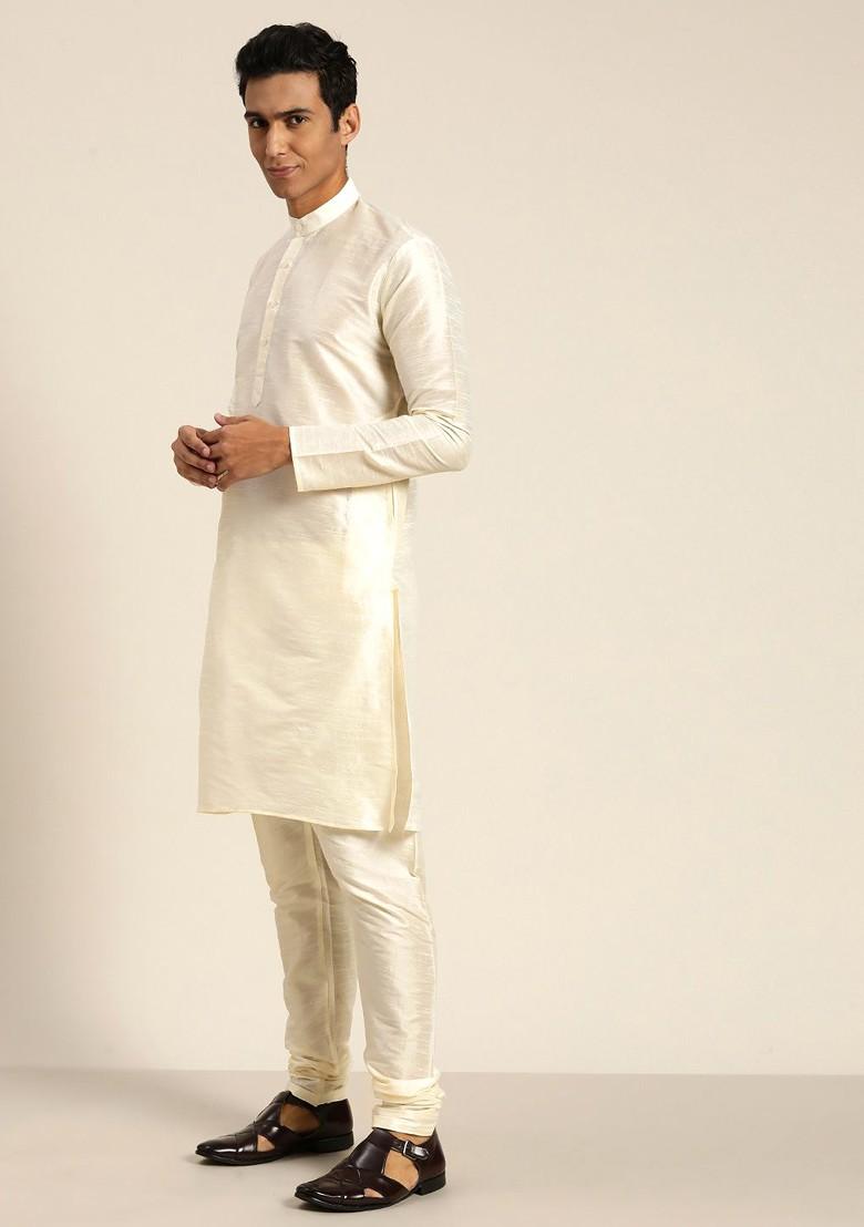 Cream Solid Poly Blend Kurta Set For Men