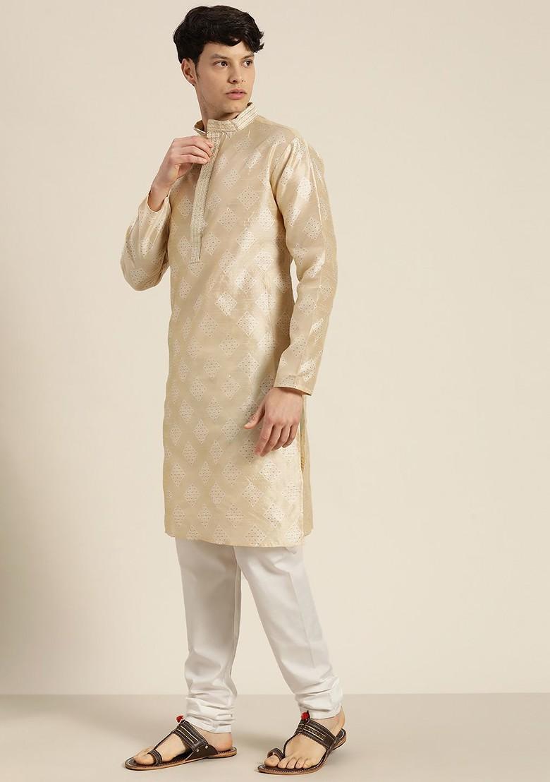 Cream Woven Poly Blend Kurta Set For Men