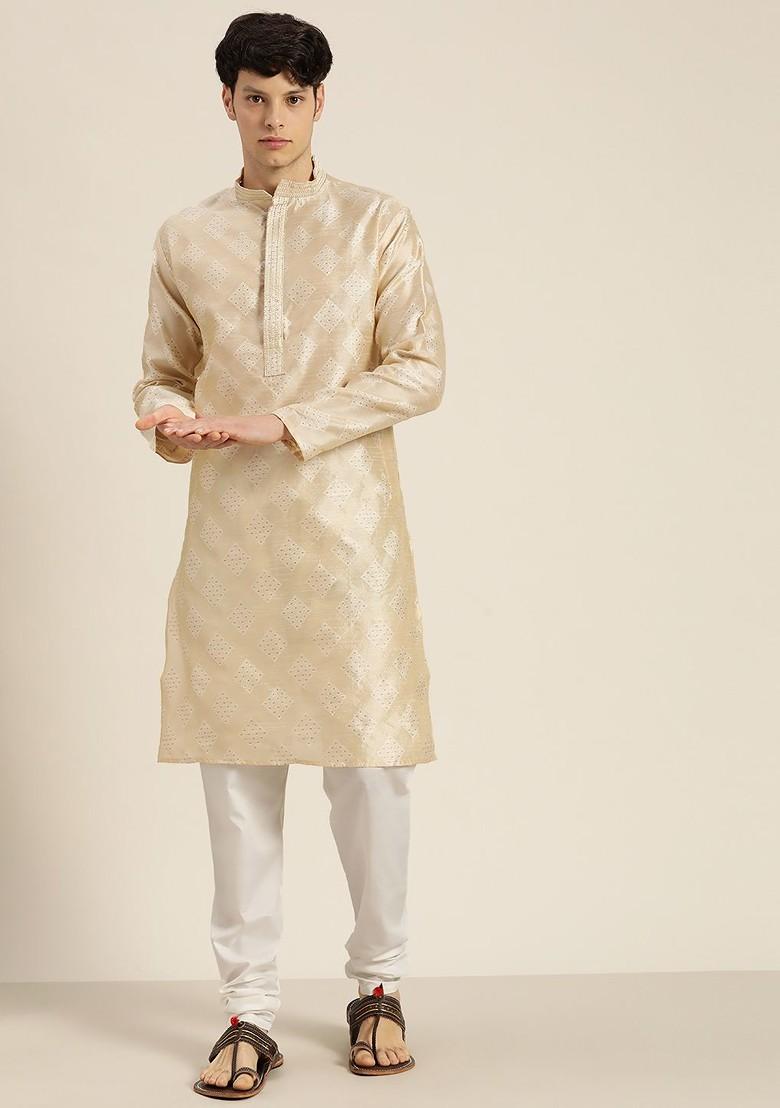 Cream Woven Poly Blend Kurta Set For Men
