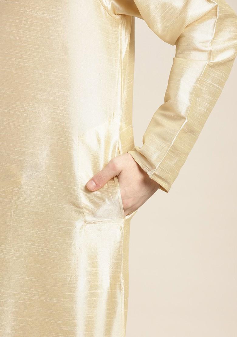 Gold Solid Poly Blend Kurta Set For Men