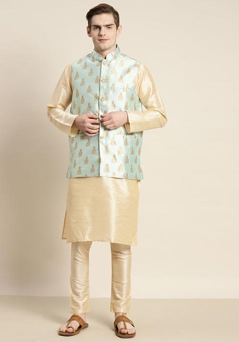 Gold Solid Poly Blend Kurta Set For Men