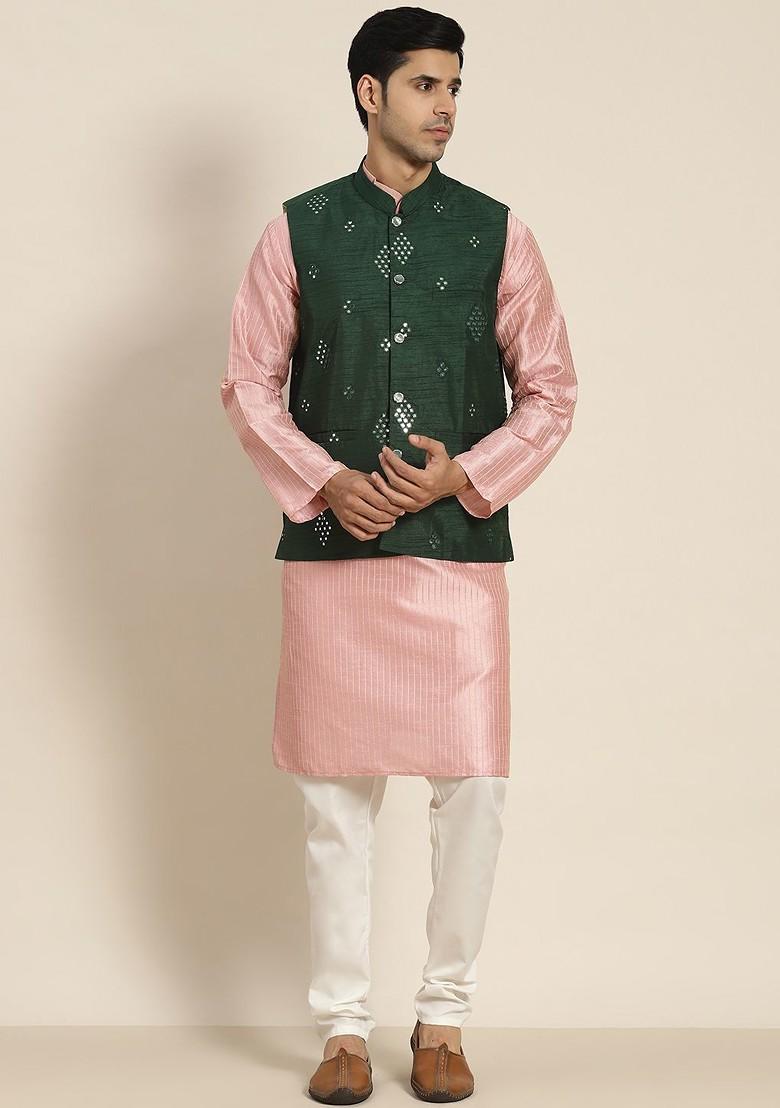 Pink Woven Poly Blend Kurta Set For Men