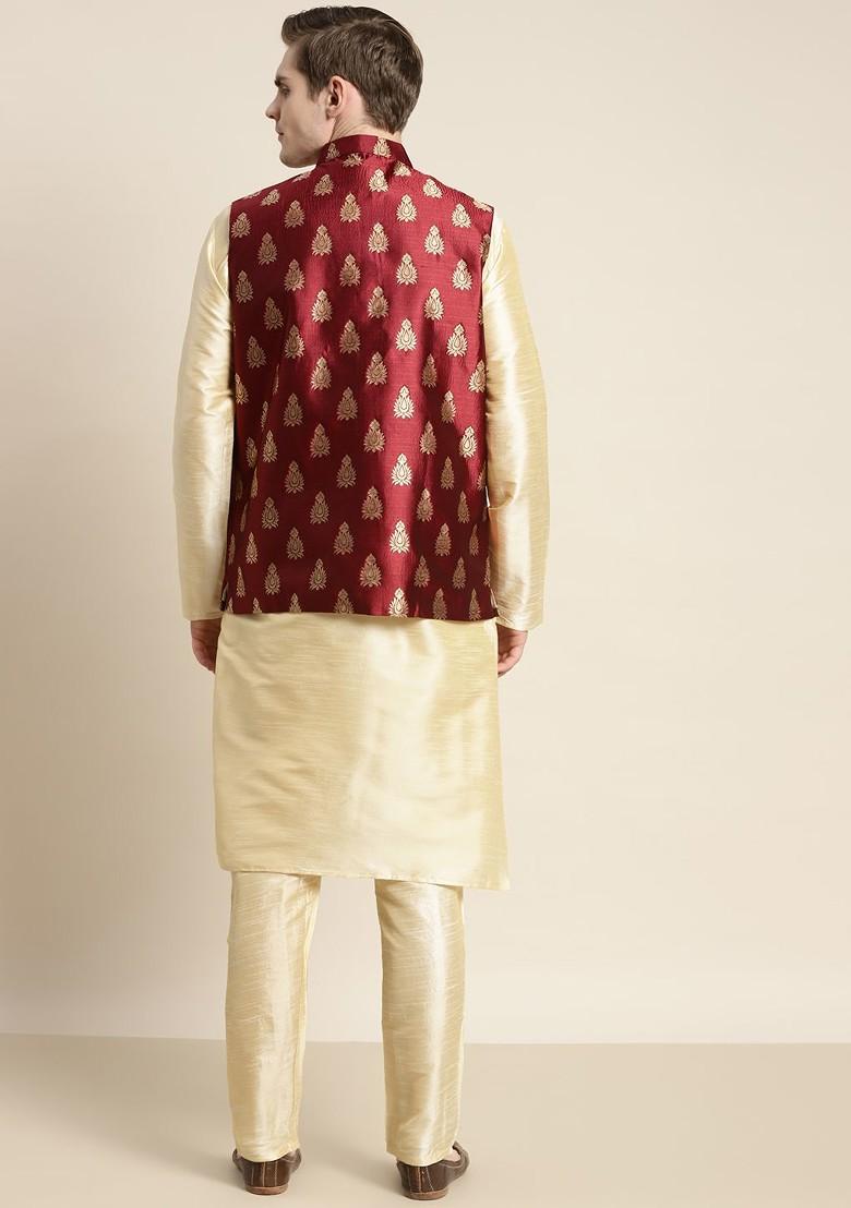 Gold Ethnic Motifs Poly Blend Kurta Set For Men