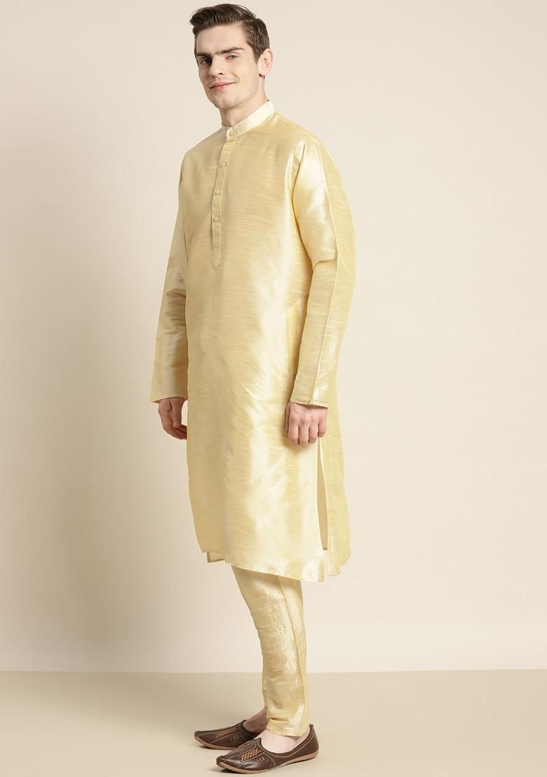 Gold Ethnic Motifs Poly Blend Kurta Set For Men