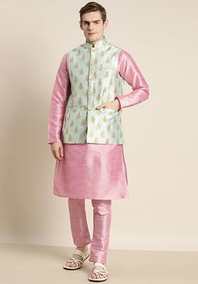 Pink Embroidered Poly Blend Kurta Set For Men