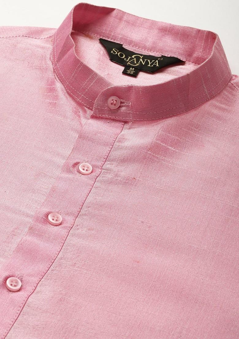Pink Embroidered Poly Blend Kurta Set For Men