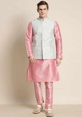 Pink Embroidered Poly Blend Kurta Set For Men
