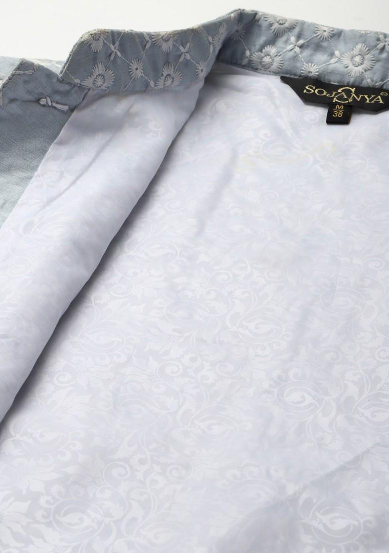 Pink Embroidered Poly Blend Kurta Set For Men