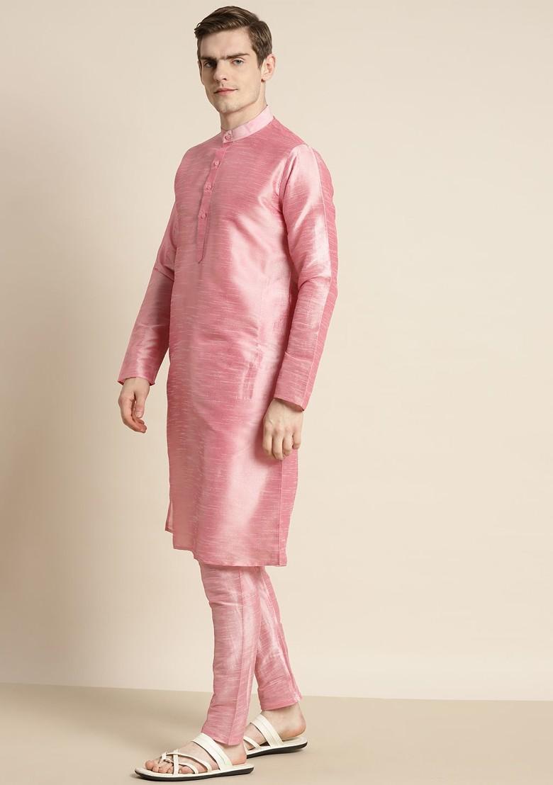 Pink Embroidered Poly Blend Kurta Set For Men