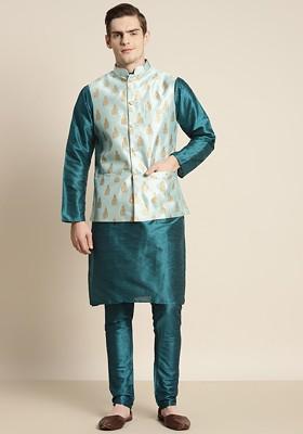 Teal Blue Ethnic Motifs Poly Blend Kurta Set For Men