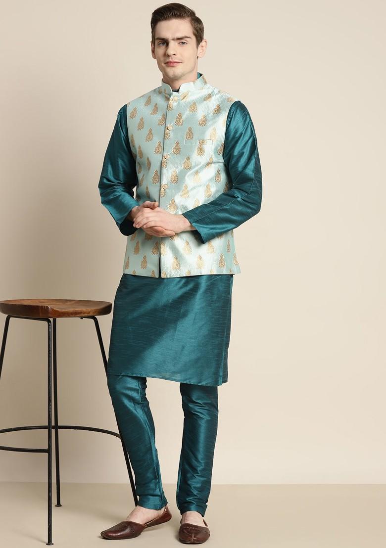 Teal Blue Ethnic Motifs Poly Blend Kurta Set For Men