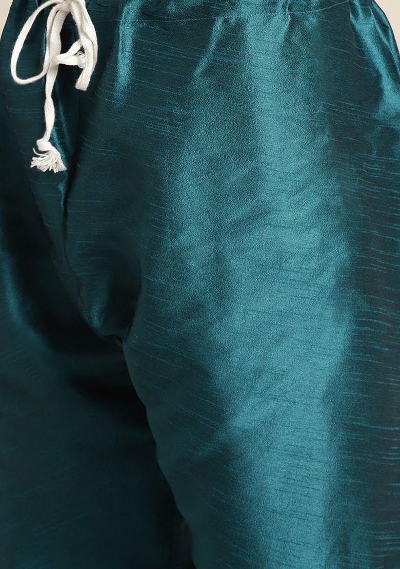 Teal Blue Ethnic Motifs Poly Blend Kurta Set For Men