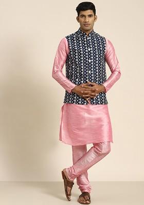 Pink Embroidered Poly Blend Kurta Set For Men