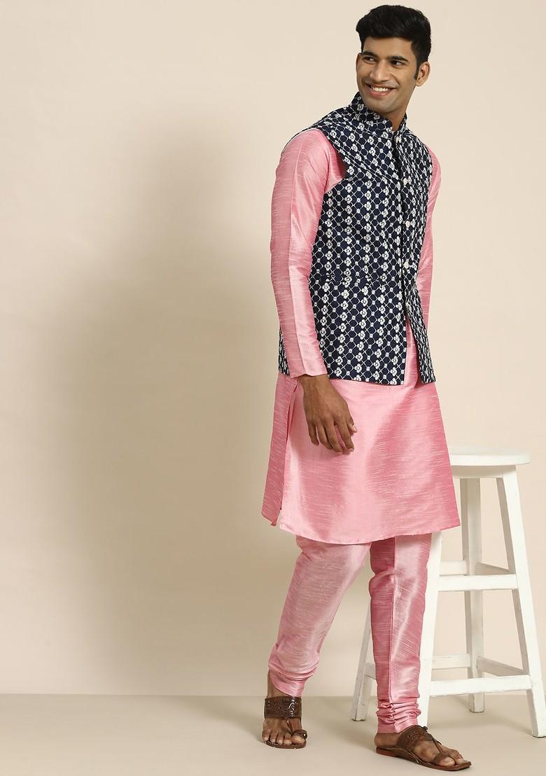 Pink Embroidered Poly Blend Kurta Set For Men