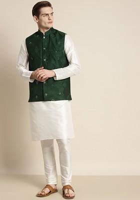 Off White Embroidered Poly Blend Kurta Set For Men