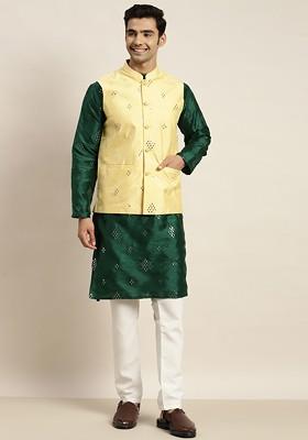 Green Mirror Work Poly Blend Kurta Set For Men