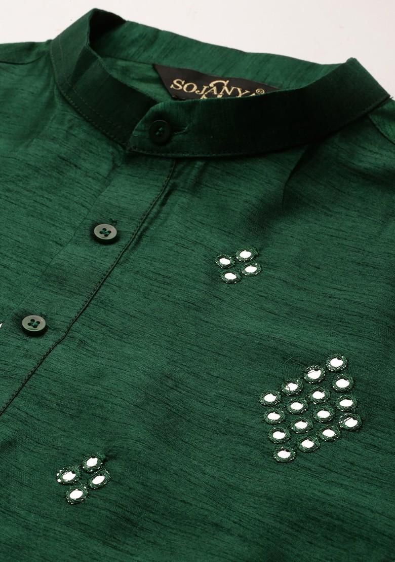 Green Mirror Work Poly Blend Kurta Set For Men