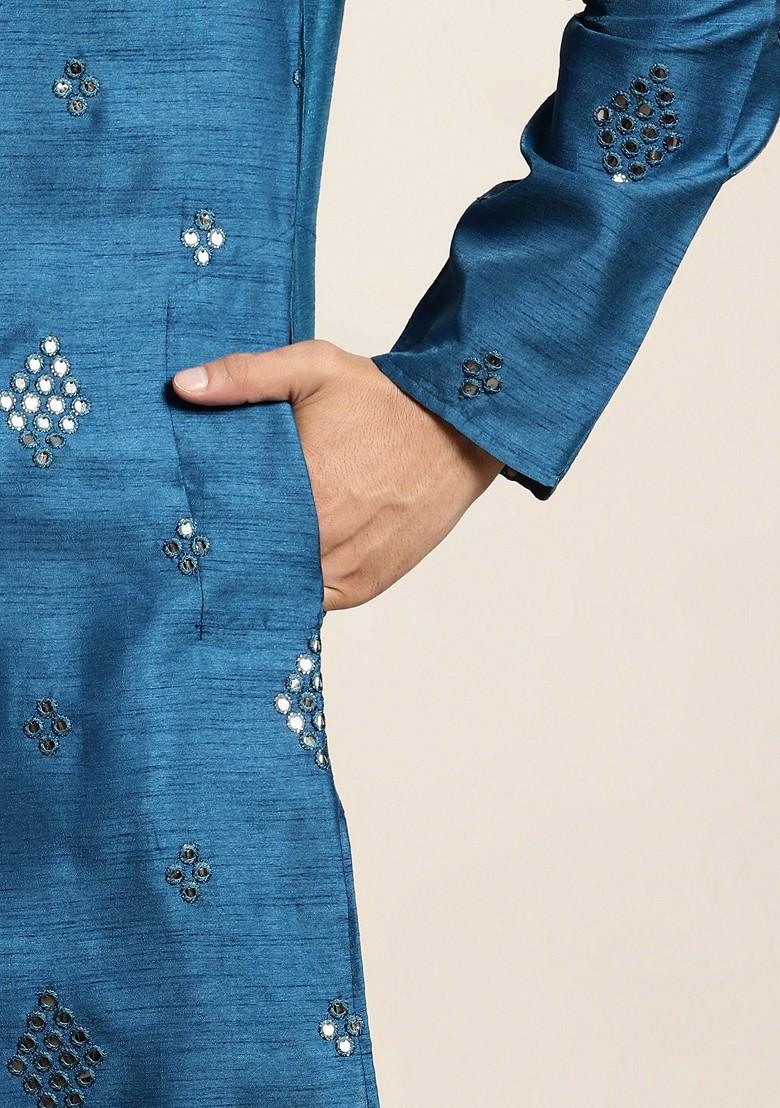 Blue Embroidered Poly Blend Kurta Set For Men