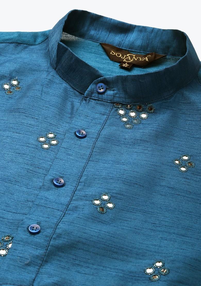 Blue Embroidered Poly Blend Kurta Set For Men