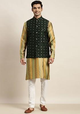 Mustard Woven Poly Blend Kurta Set For Men