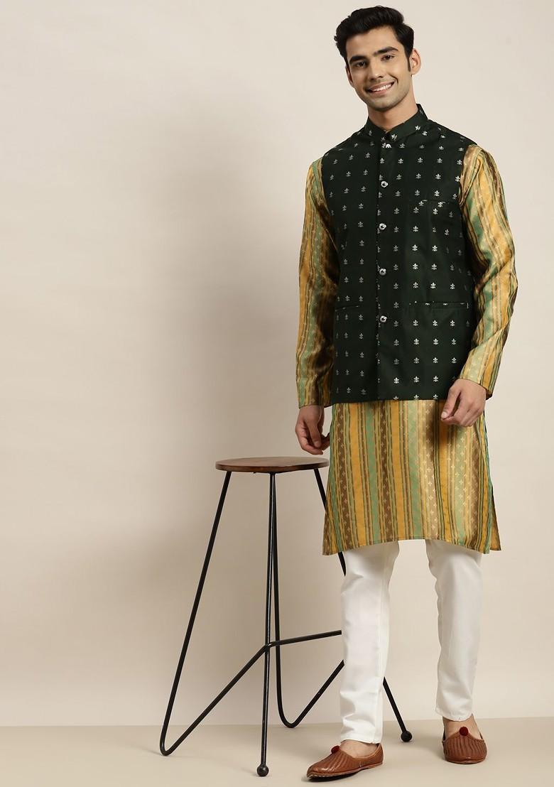 Mustard Woven Poly Blend Kurta Set For Men