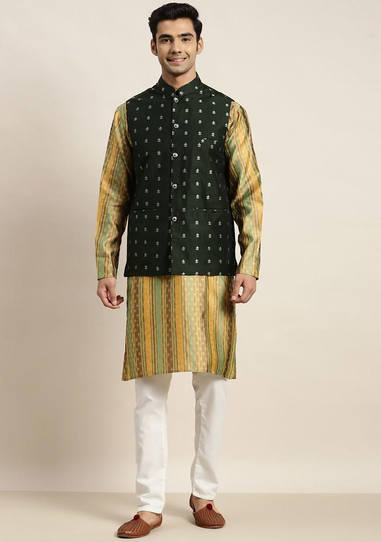Mustard Woven Poly Blend Kurta Set For Men