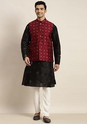 Black Mirror Work Poly Blend Kurta Set For Men