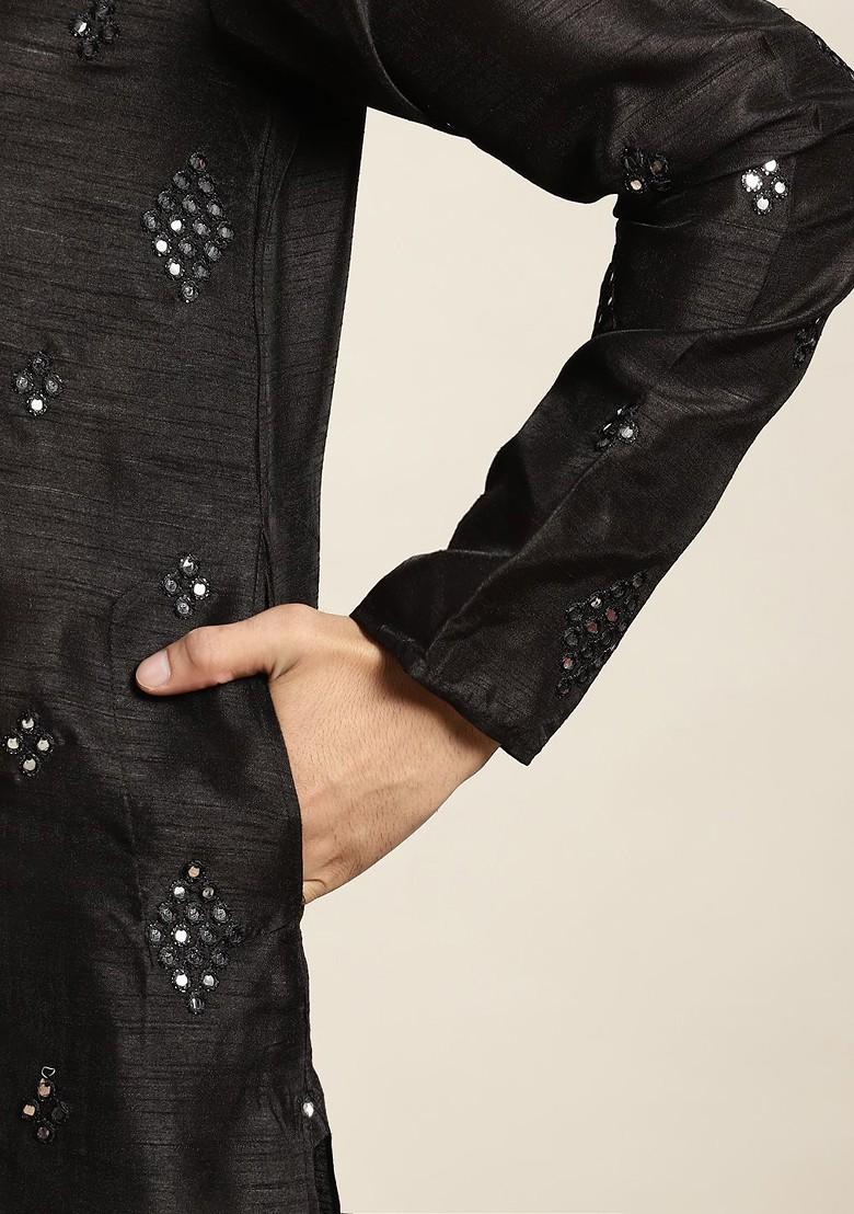 Black Mirror Work Poly Blend Kurta Set For Men
