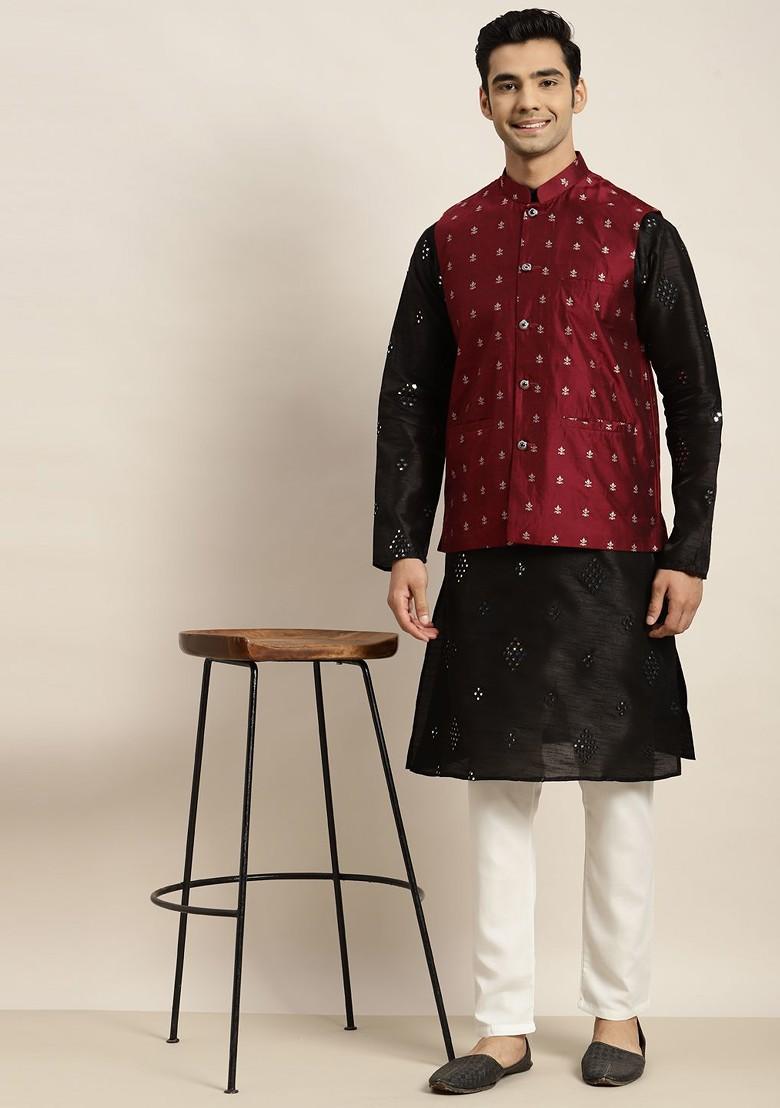 Black Mirror Work Poly Blend Kurta Set For Men