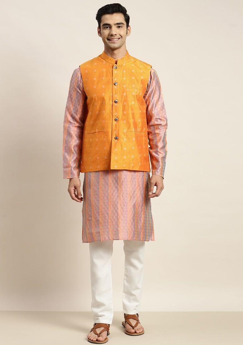 Purple Woven Poly Blend Kurta Set For Men
